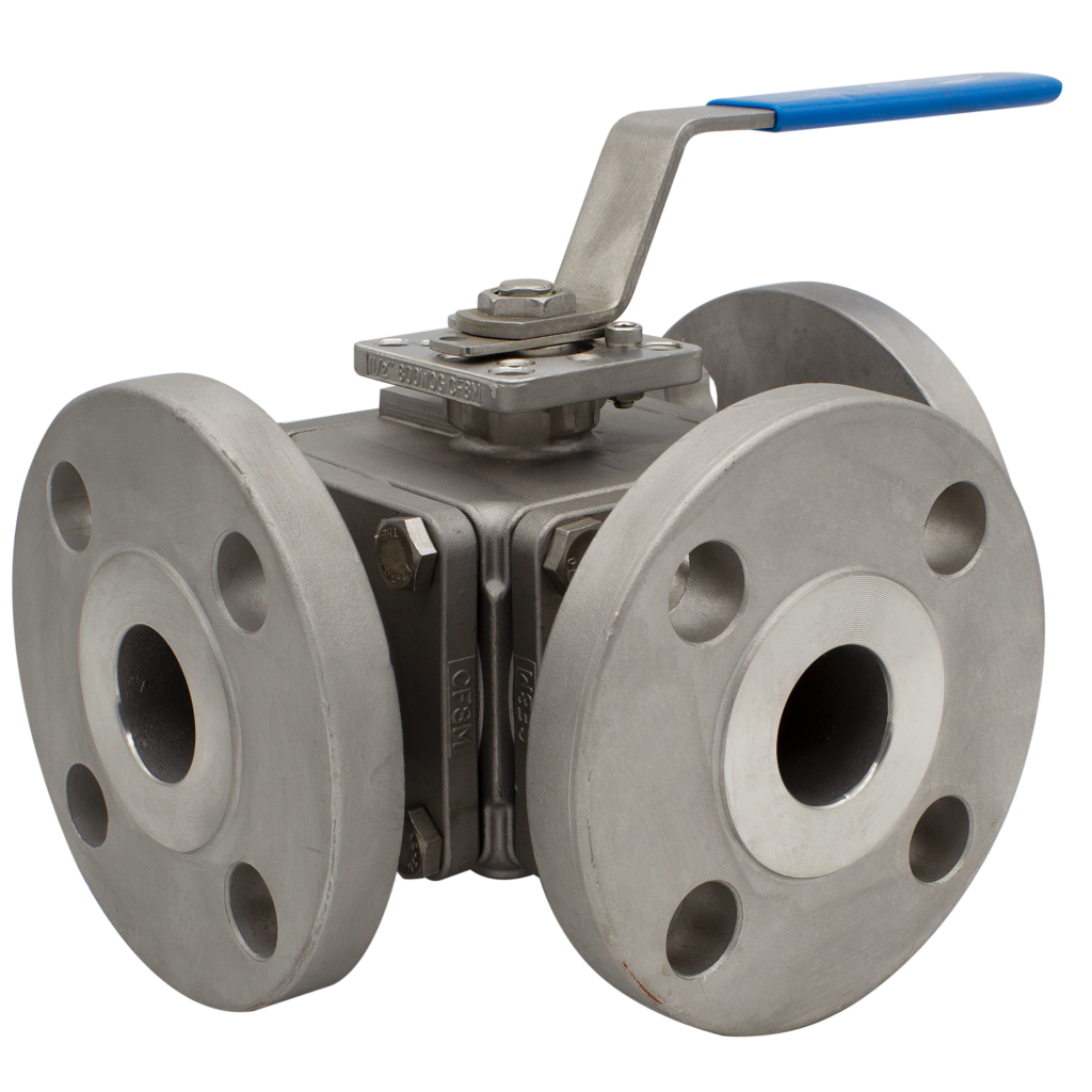 stainless steel 3 way flanged ball valve for flow diversion and mixing