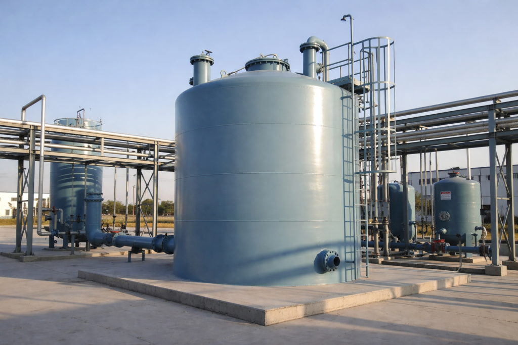 Industrial chemical processing system with large storage tanks, piping infrastructure, and fluid handling equipment