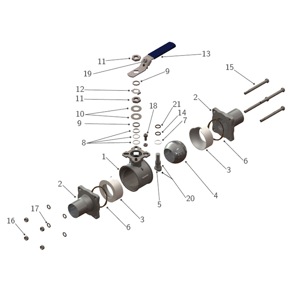 EA-33NF-SN stainless steel sanitary ball valve exploded view with electric actuator