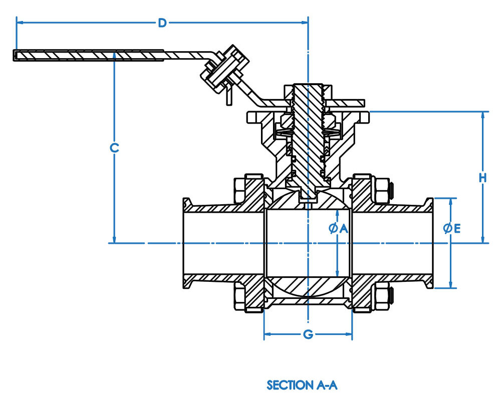 EA-33NF-SN sanitary stainless steel ball valve section view with electric actuator